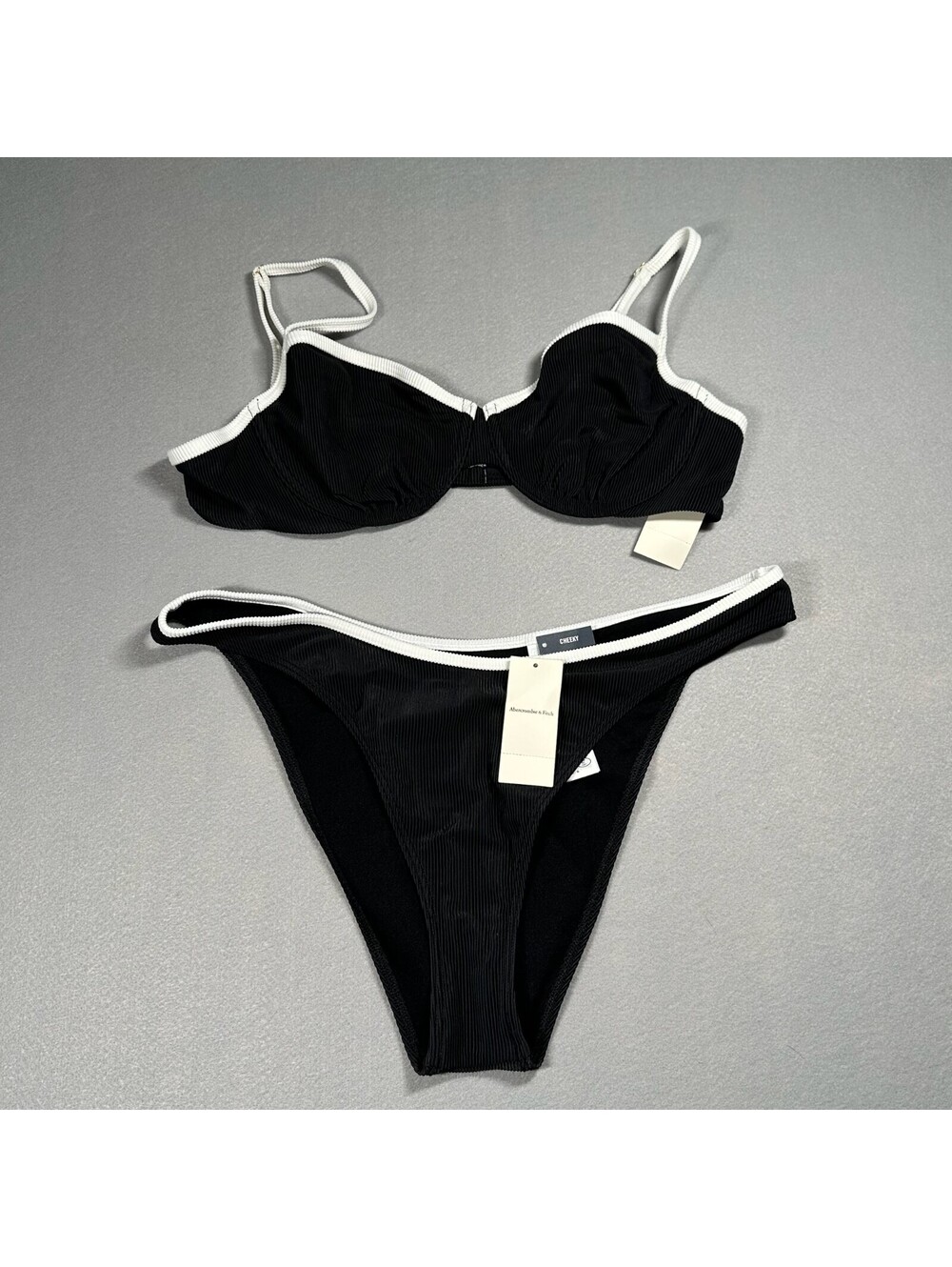NWT Abercrombie Fitch Black Ribbed Bikini Set White Trim Cheeky Bottom L